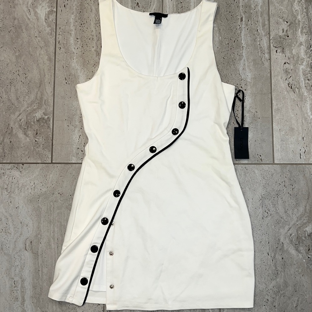 h:ours cream/white dress with black adjustable buttons—bought from REVOLVE.